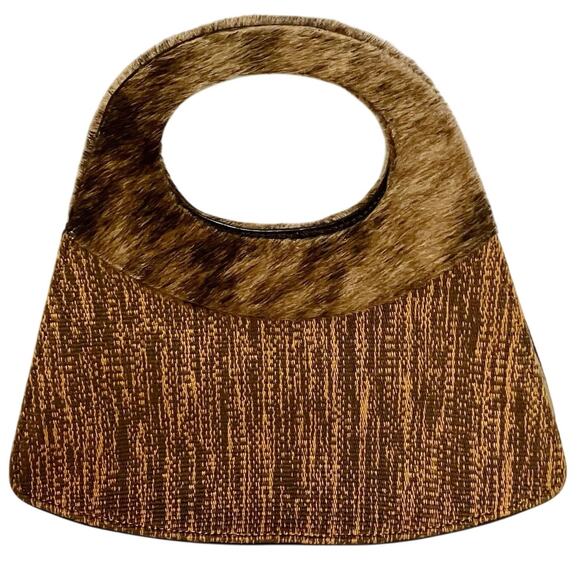 Leather Fur & Woven Pima Cotton Handbag 13” Brown Structured Purse Handmade Peru - Picture 1 of 6